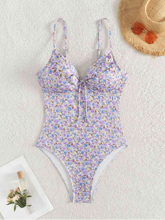 Maillot de bain une pièce violet à lacets floral des années 1950