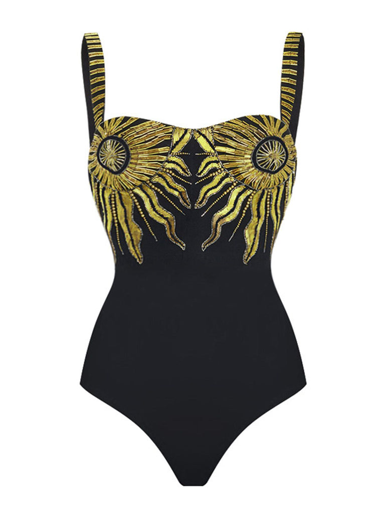 Maillot de bain et paréo dos nu à paillettes noires motif tournesol années 1950
