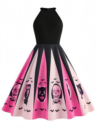 Robe trapèze noire et rose imprimé effrayant Halloween années 1950