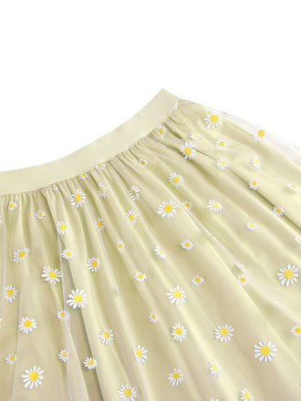 Jupe trapèze taille haute en maille marguerite des années 1940