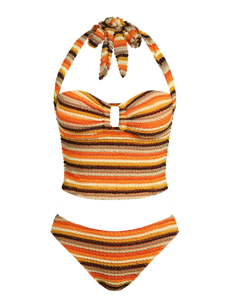 Maillot de bain dos nu rayé en maille orange années 1980