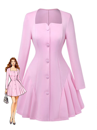 Robe Uni Plissée Manches Longues Col CœurAnnée 1950