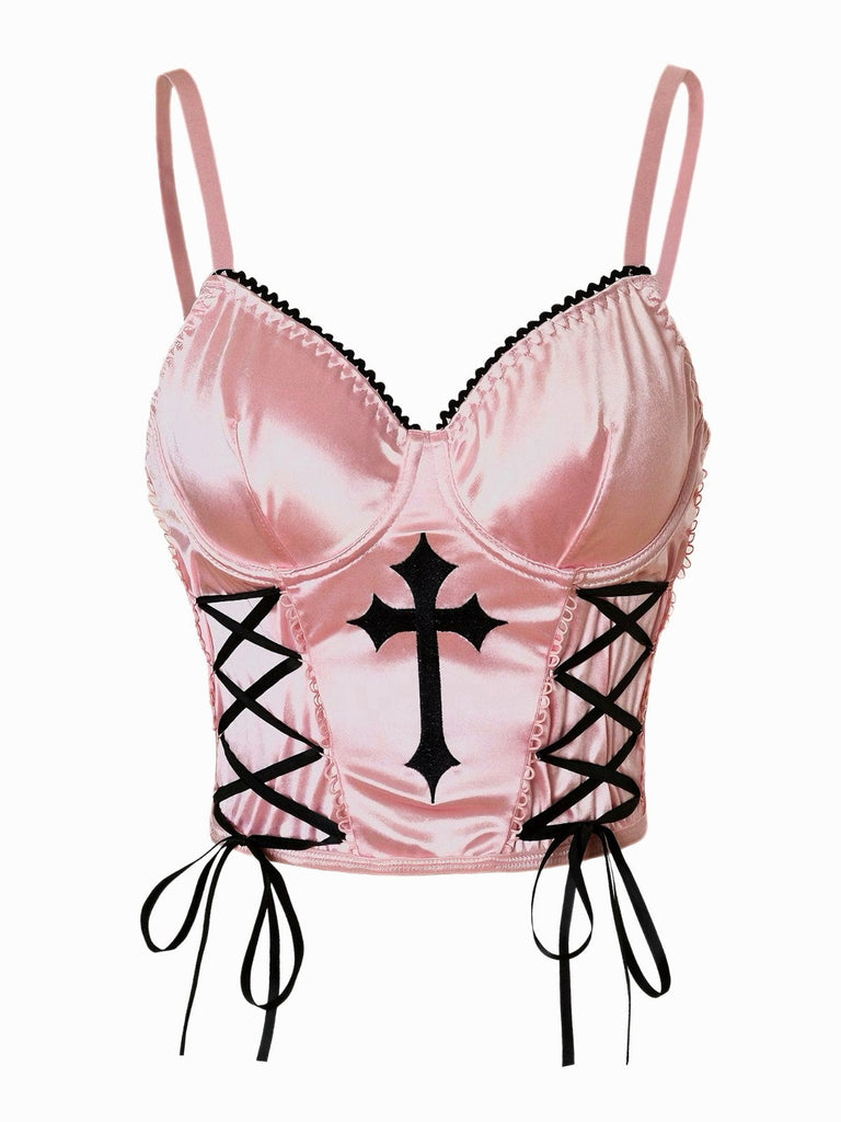 Camisole gothique en satin rose à lacets style croix des années 1970