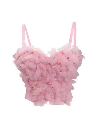 Haut court rose à fleurs 3D et strass des années 1970