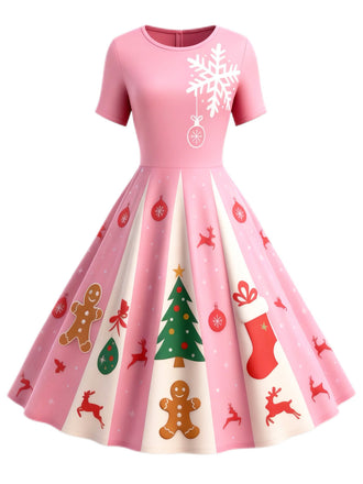 Robe trapèze rose motif flocon de neige des années 1950