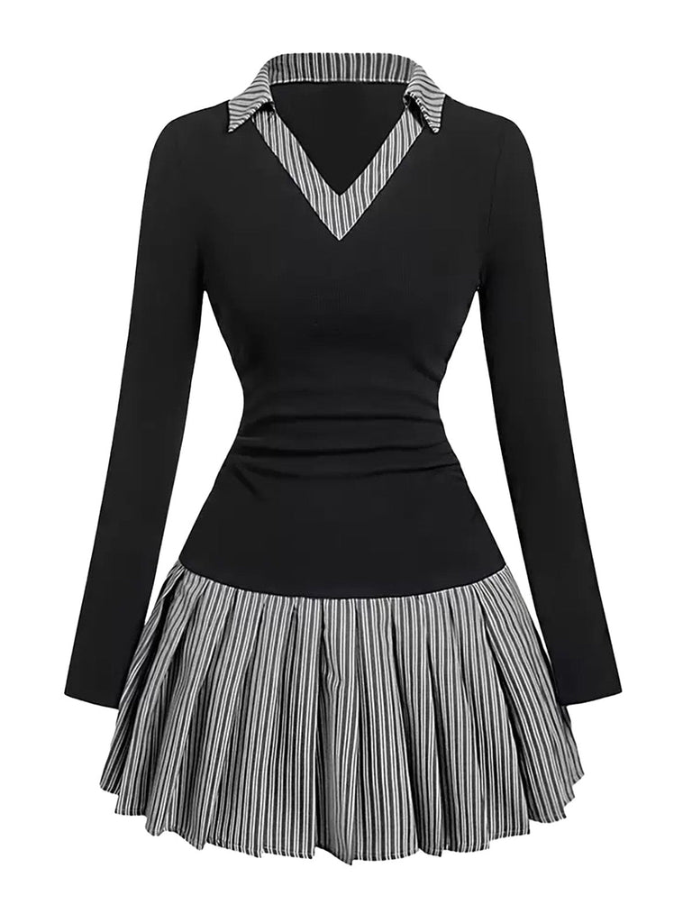 Robe à col en V rayée et plissée effet deux-en-un années 1960