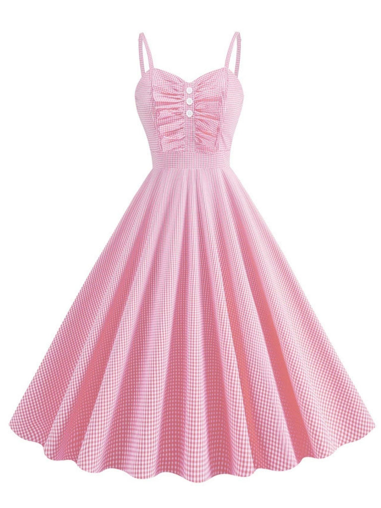 Robe trapèze boutonnée à bretelles spaghetti et carreaux des années 1950