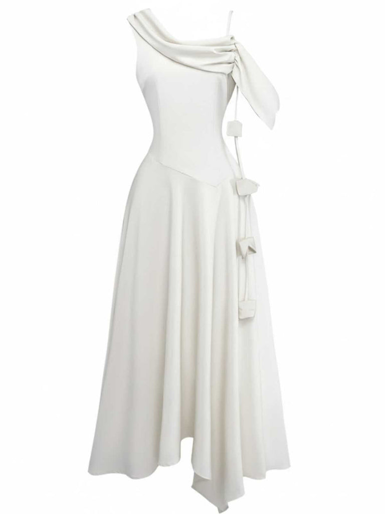 Robe midi asymétrique drapée à une épaule des années 1980