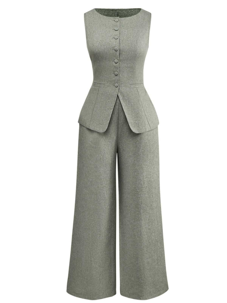 2PCS Gilet et pantalon large style bureau uni des années 1940