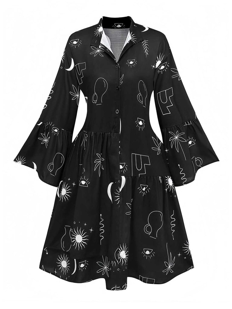 Robe chemise noire à manches évasées imprimée années 1970