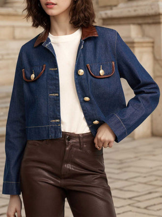 Veste en jean avec poche et col en cuir années 1950