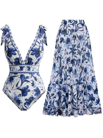 2PCS Maillot de bain bleu à fleurs et cache-maillot années 1940