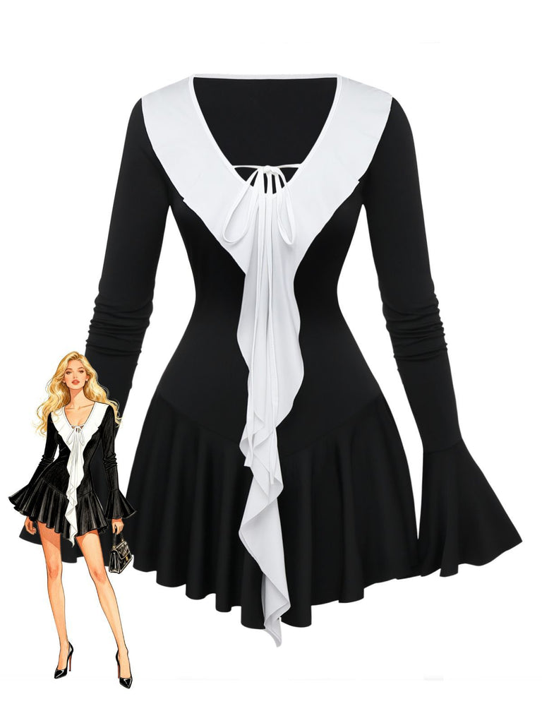 Robe péplum à volants noire et blanche années 1960