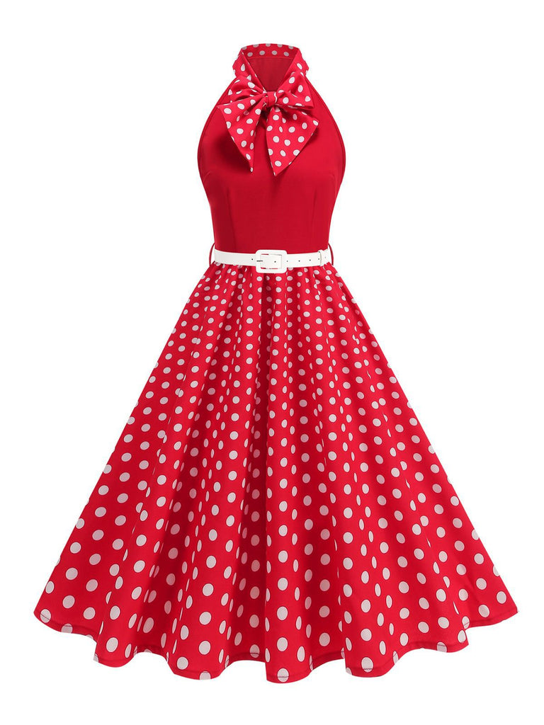 Robe Ceinturée Nœud Papillon Col Pois Années 1950