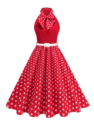 Robe Ceinturée Nœud Papillon Col Pois Années 1950