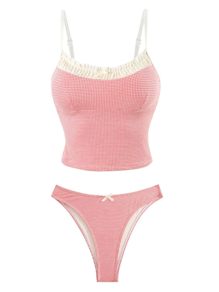 Ensemble De Tankini Bords Dentelle À Carreaux Rouge Année 1950