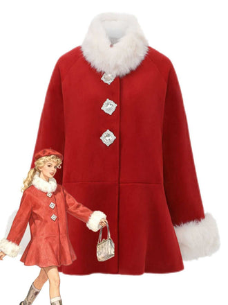 Manteau rouge à bordure en fausse fourrure et boutons en cristal des années 1980