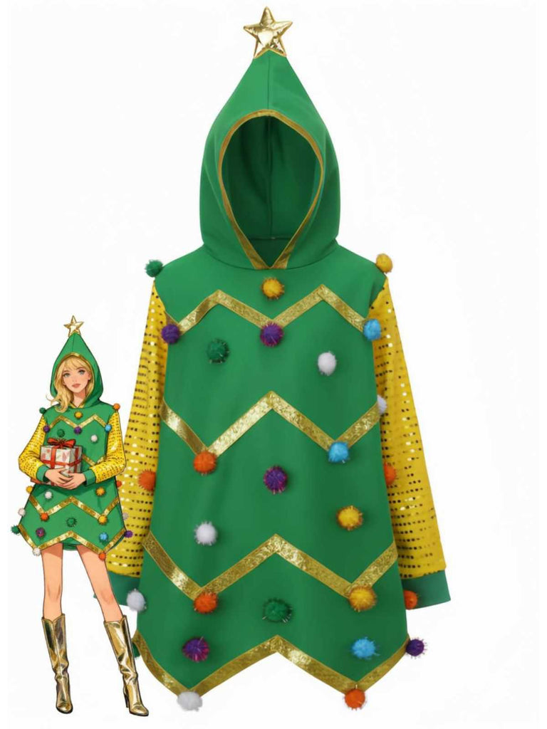 Sweatshirt à capuche sapin de Noël années 1950 avec pompons colorés
