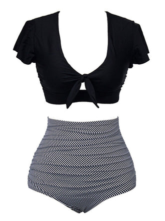 Maillot de bain noir manches volantées rayures avec nœud années 1950