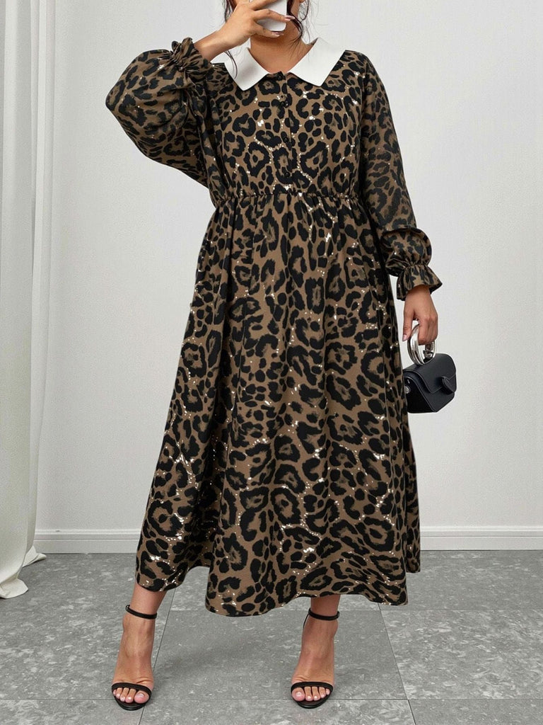[Grande taille] Robe léopard à manches longues à revers années 1970