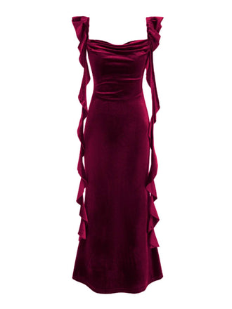 Robe à volants et bretelles en ruban de velours années 1940