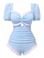 Maillot de bain une pièce bleu à volants et petites fleurs des années 1940