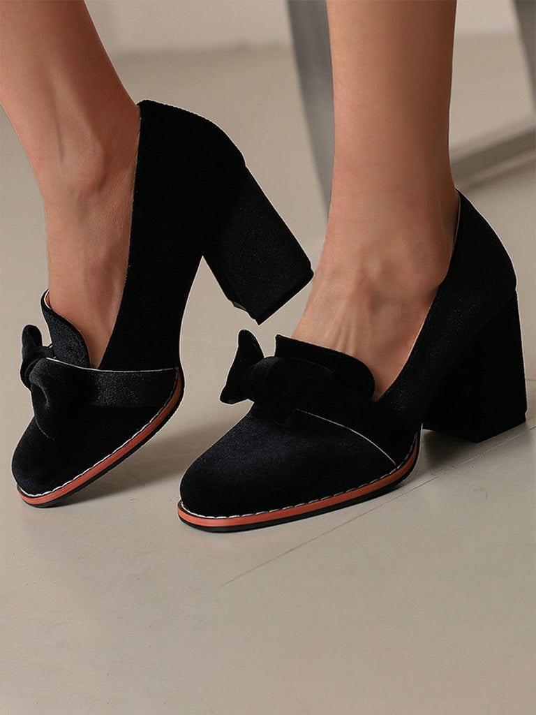Chaussures à talons carrés en velours uni avec nœud papillon