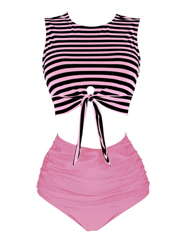Maillot de bain à rayures à lacets bleu et rouge des années 1970