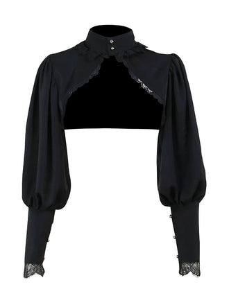 Haut courte noir col montant en dentelle gothique des années 1980