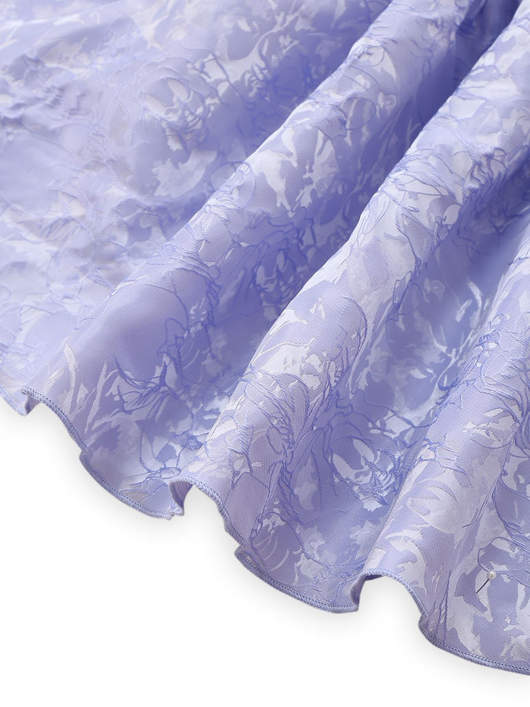 Mini robe plissée en jacquard fleurs bleu violet des années 1970