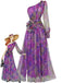 Robe de soirée violette une épaule en résille ornée de fleurs 3D années 1930