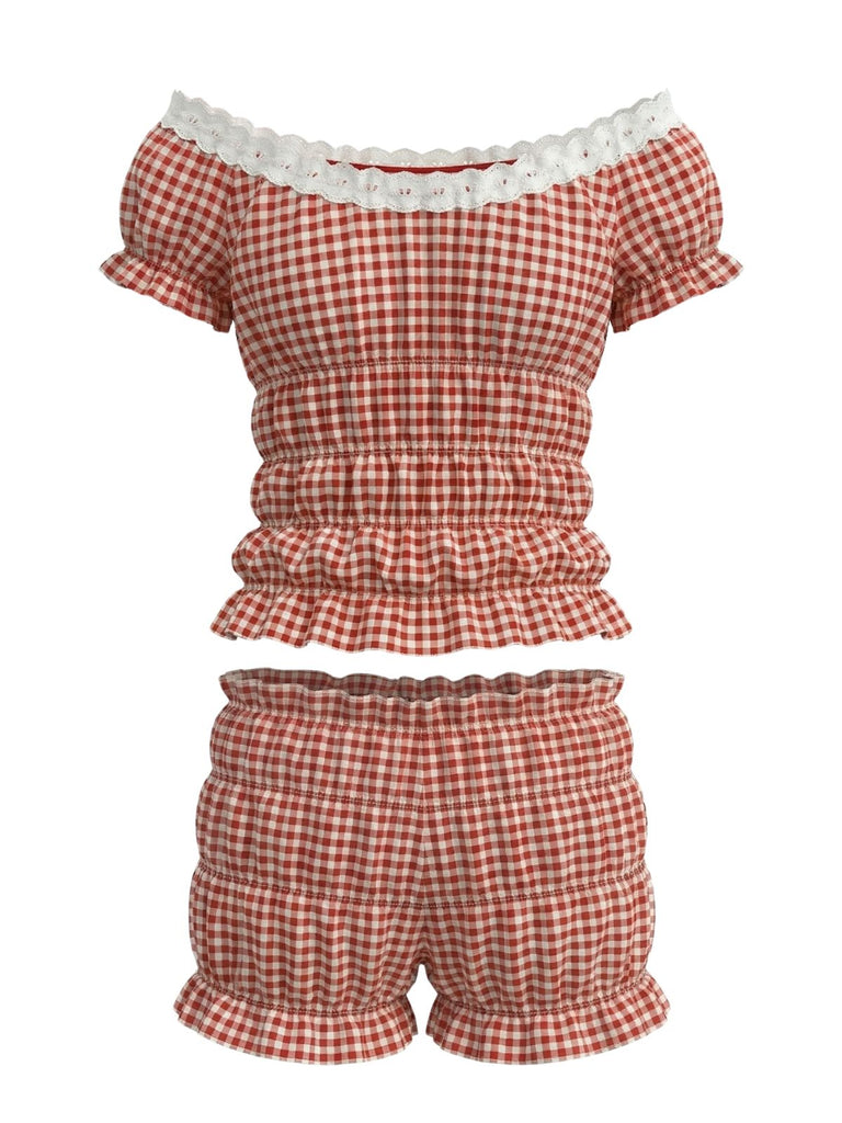 Ensemble Haut Smocké Épaules Dénudées Vichy & Short Rouge Années 2000