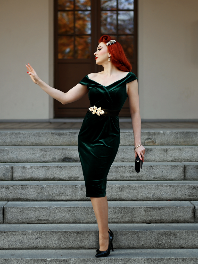 Robe Crayon Vintage Verte Année 60 Solide en Velours 17