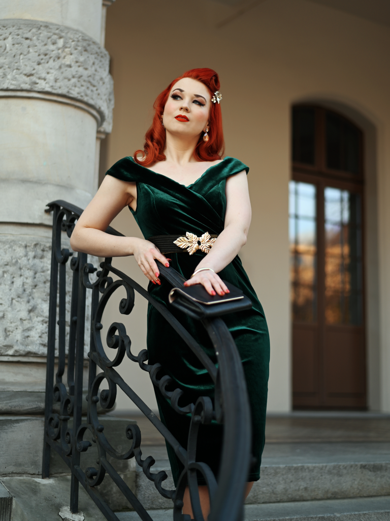 Robe Crayon Vintage Verte Année 60 Solide en Velours 18