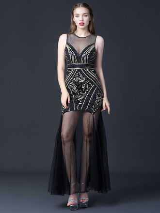 Robe de soirée noire à paillettes patchwrok en maille années 1920