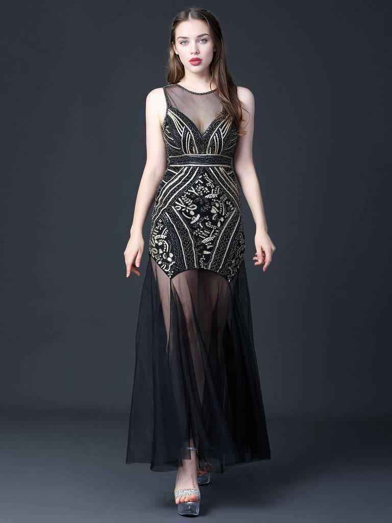 Robe de soirée noire à paillettes patchwrok en maille années 1920