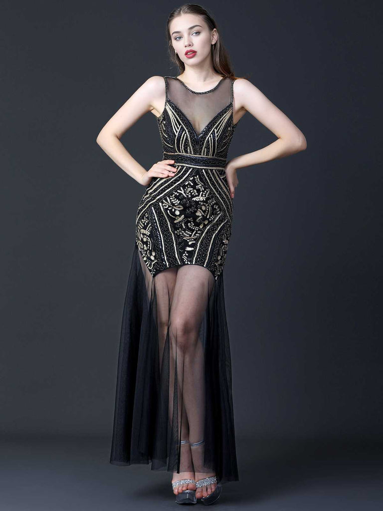 Robe de soirée noire à paillettes patchwrok en maille années 1920