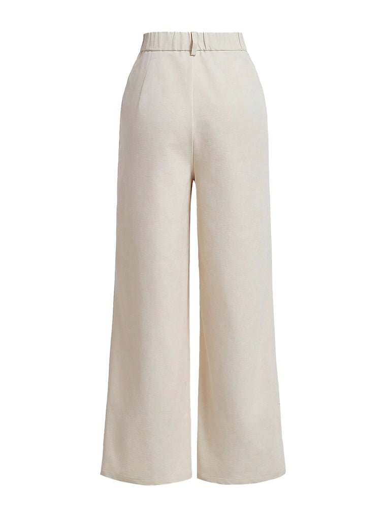 Pantalon plissé beige uni taille haute avec poches années 1950