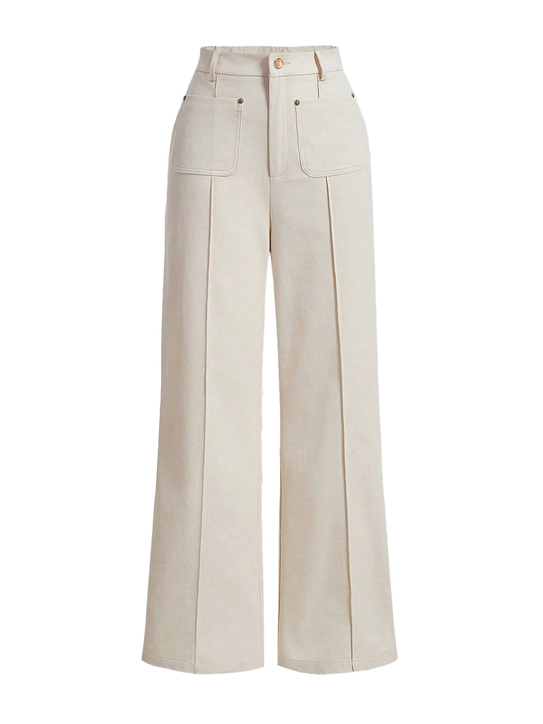 Pantalon plissé beige uni taille haute avec poches années 1950