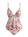 Ensemble Tankini Floral Bretelles Fines à Volants Péplum Patchwork Rose Années 1930 3