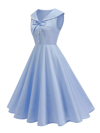 Robe sans manches col marin et nœud papillon couleur unie années 1950