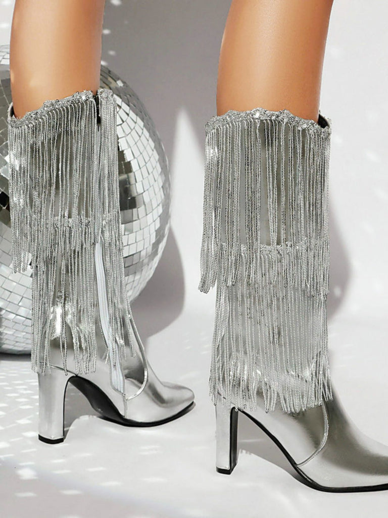 Bottines disco métallisées à franges et bout pointu