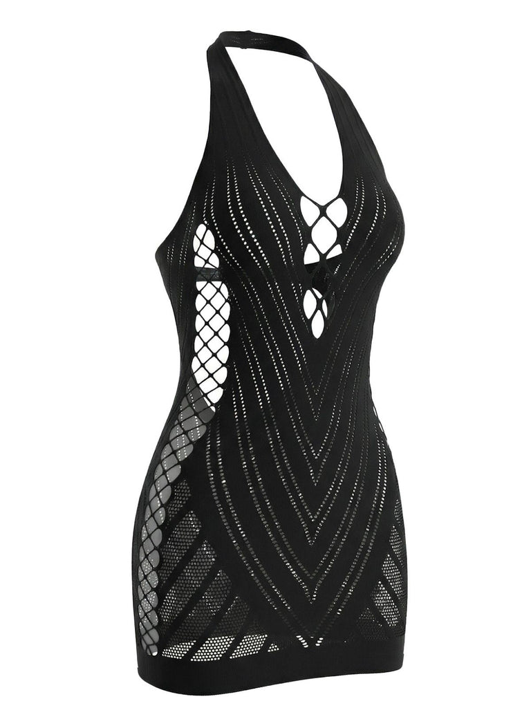 Robe de lingerie mini en résille à décolleté dos nu années 1960