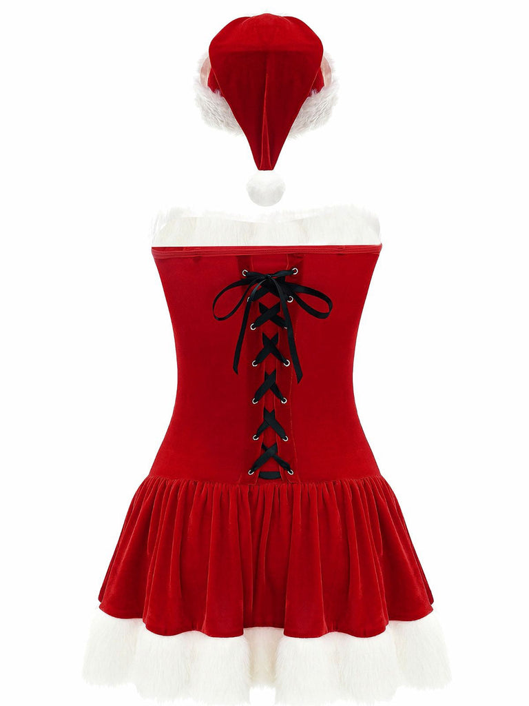 Robe rouge style Père Noël sans bretelles à lacets en peluche des années 1970