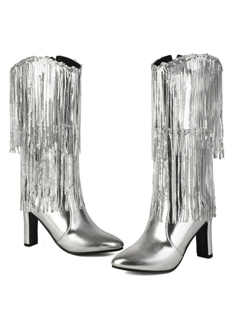 Bottines disco métallisées à franges et bout pointu