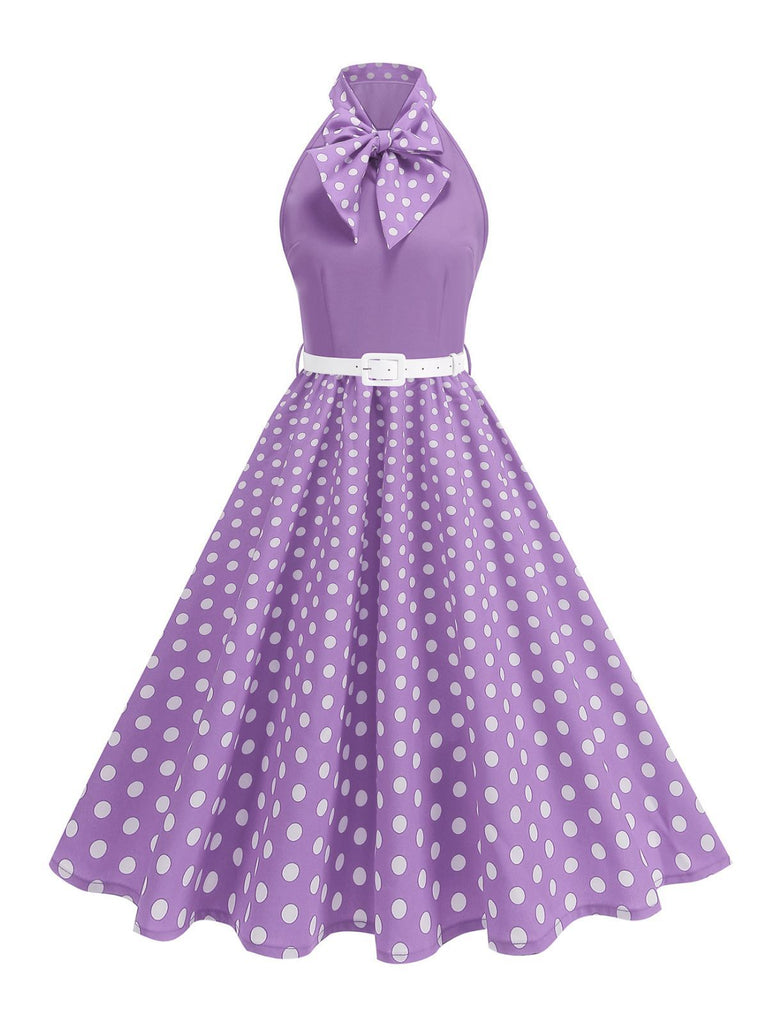 Robe Ceinturée Nœud Papillon Col Pois Années 1950