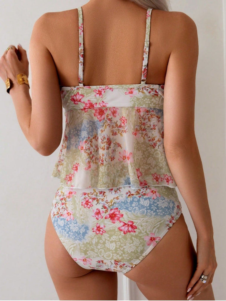 Ensemble Tankini Floral Bretelles Fines à Volants Péplum Patchwork Rose Années 1930 5