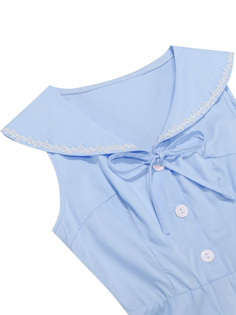 Robe sans manches col marin et nœud papillon couleur unie années 1950