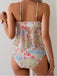 Ensemble Tankini Floral Bretelles Fines à Volants Péplum Patchwork Rose Années 1930 5