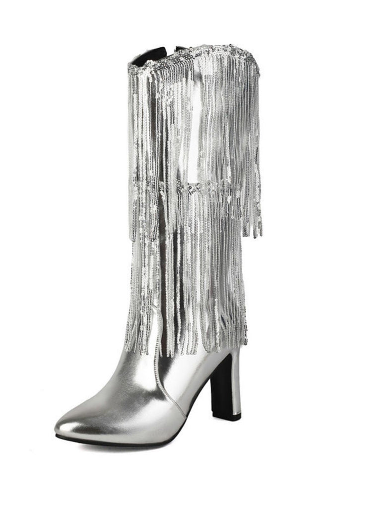 Bottines disco métallisées à franges et bout pointu